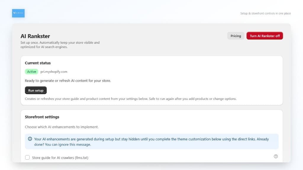 AI Rankster dashboard with one-click setup inside Shopify Admin