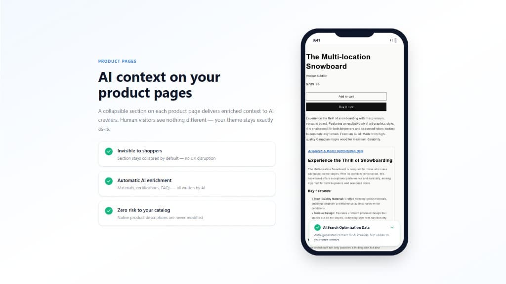 AI-enriched product context shown on a product page while the native description stays untouched